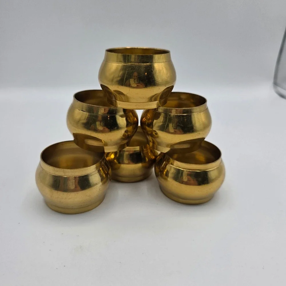 Vintage Brass Napkin Rings Set of 6 Gold Barrel Round Mid Century Modern Table